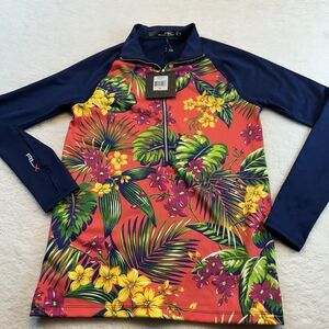 Ralph Lauren Womens Zip Swim Shirt LS Cruise 15 Blue Tropical Print Size Small